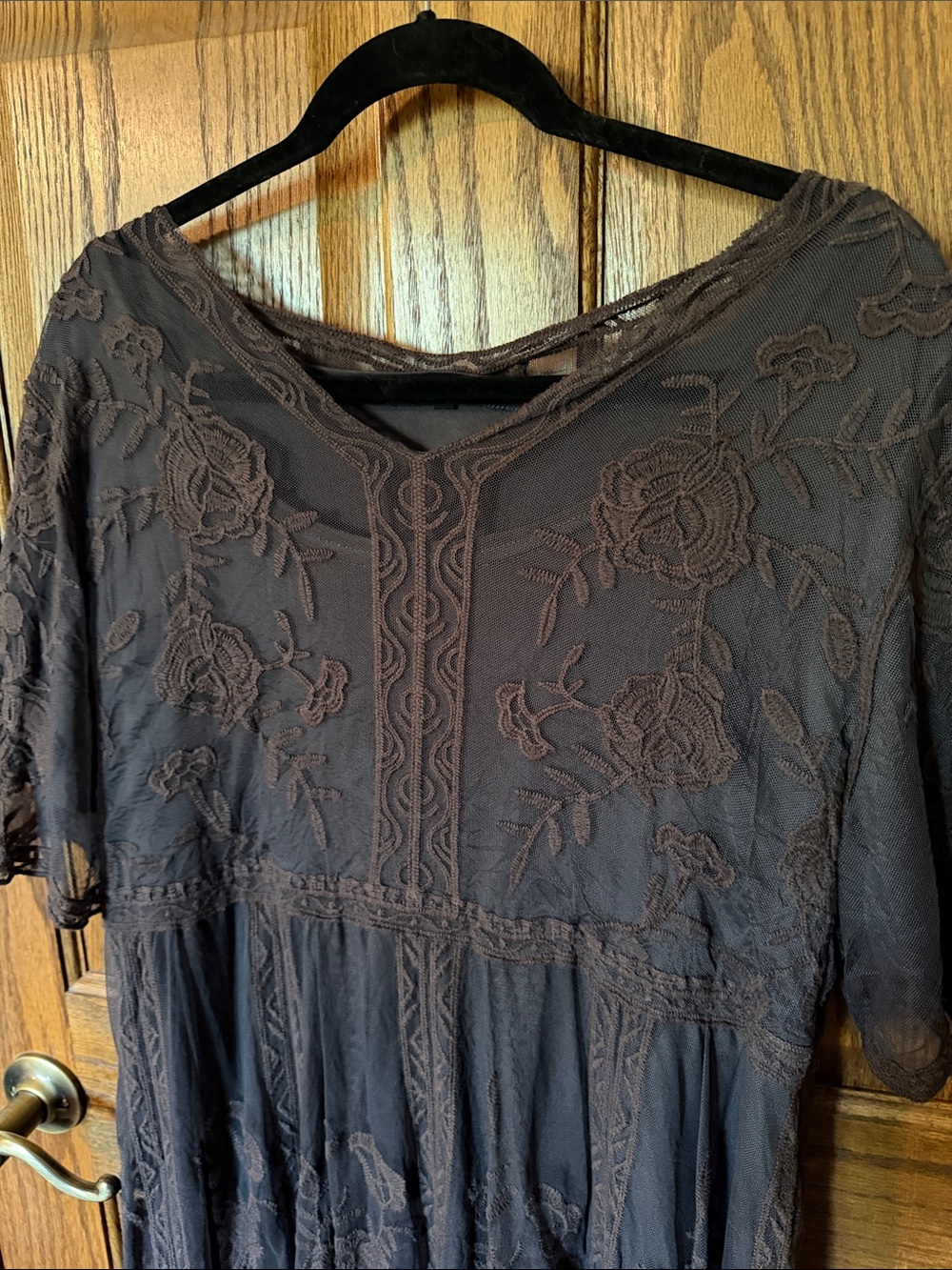 Boho Lace Ruched with Liner Tiered Ruffle Maxi Dress Grey-Size Large - Picture 3 of 3